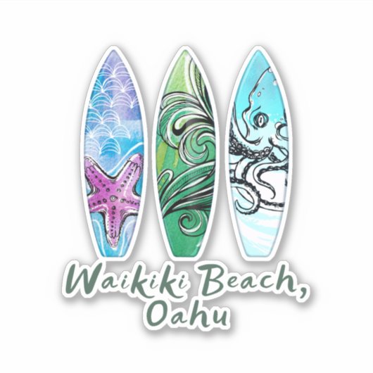 Sticker Waikiki Beach Oahu Watercolor Surboards (Devant)