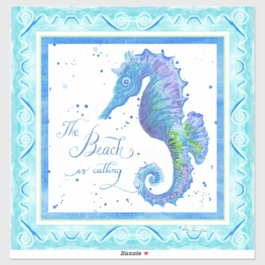 Sticker Watercolor Blue Seahorse Beach appelle Starfish (Feuille)