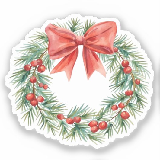 Sticker Watercolor Christmas Wreath with Red Bow & Berries (Recto)