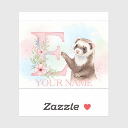 Sticker Watercolor Ferret with Floral Letter E Monogram (Feuille)