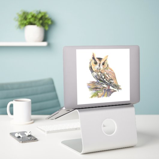 Sticker Watercolor Screech Owl Oiseau Nature Art (Ordinateur portable sur le bureau)