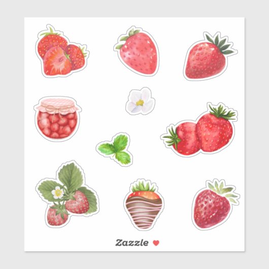 Sticker Watercolor Strawberry Fruit, Jam and Flowers  (Feuille)