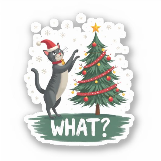 Sticker What Funny Cat Pushing Christmas Tree Over Cat Xma (Devant)