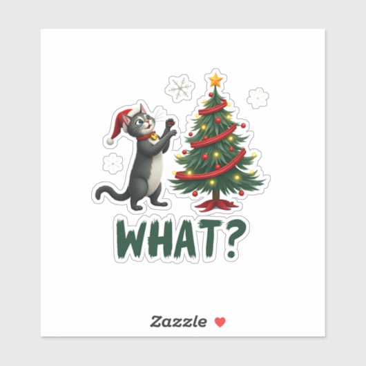 Sticker What Funny Cat Pushing Christmas Tree Over Cat Xma (Feuille)