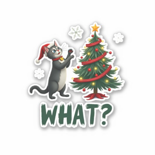 Sticker What Funny Cat Pushing Christmas Tree Over Cat Xma (Devant)