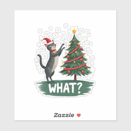 Sticker What Funny Cat Pushing Christmas Tree Over Cat Xma (Feuille)