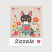 Sticker Whimsical Folk Art Chat noir et fleurs (Feuille)