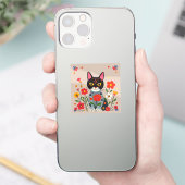 Sticker Whimsical Folk Art Chat noir et fleurs (Téléphone)