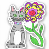 Sticker Whimsical Folk Art Gris Chat et Fleur colorée (Devant)