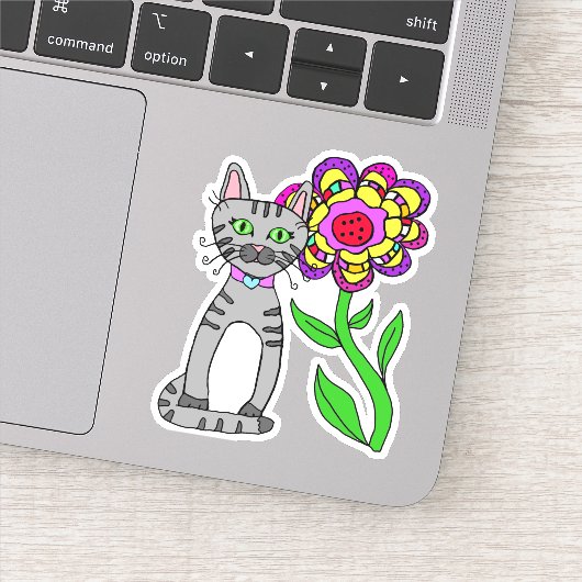 Sticker Whimsical Folk Art Gris Chat et Fleur colorée (Détail)
