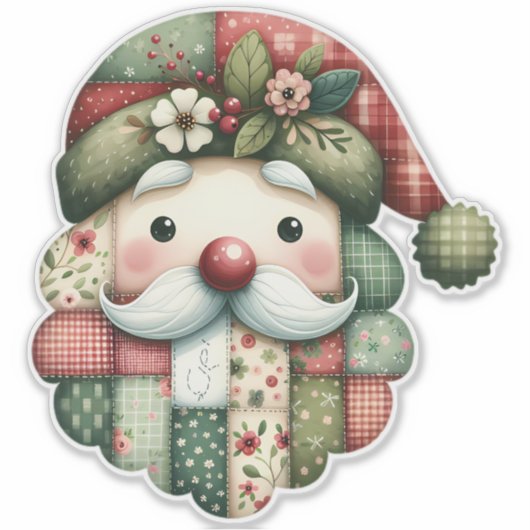 Sticker Whimsical Patchwork Santa Folk Christmas (Devant)