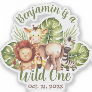 Sticker Wild One Safari Animaux Mignons Feuilles Vertes