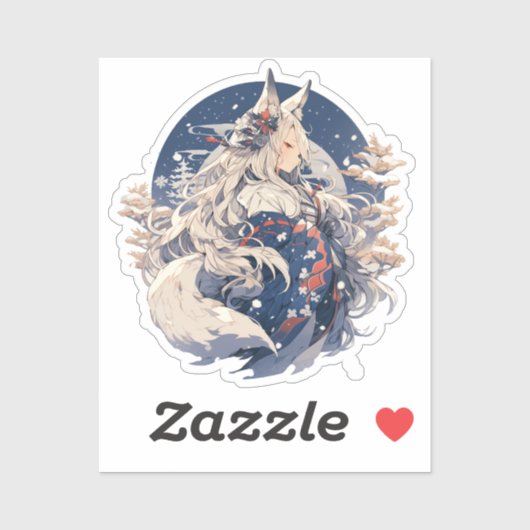 Sticker Winter Spirit Kitsune Girl - Snowy Yokai Art (Feuille)