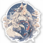 Sticker Winter Spirit Kitsune Girl - Snowy Yokai Art (Recto)