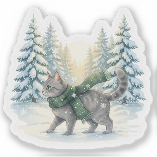 Sticker Winter Wonderland Cat Snowy Forest Scarf Christmas (Devant)