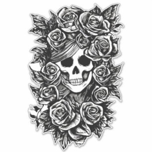 Sticker Womman Skull Roses Goth Original ink drawing Art