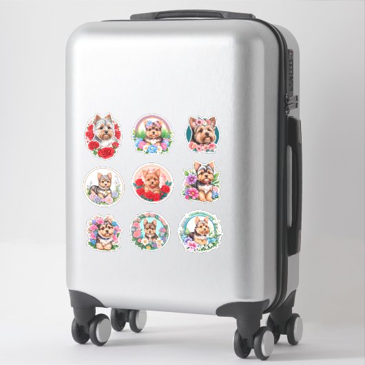 Sticker Yorkshire & fleurs agrafé (Sur valise)