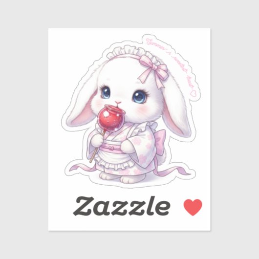 Sticker Yukata Bunny with Apple Candy - Pink Pastel Ribbon (Feuille)