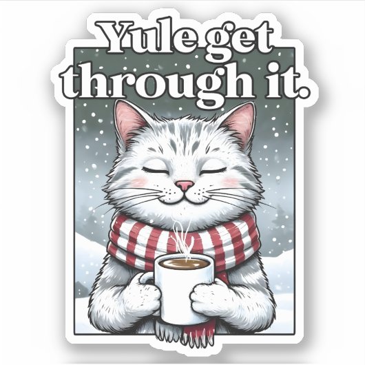 Sticker "Yule, Passe-Le." Chat Boire du cacao chaud (Devant)