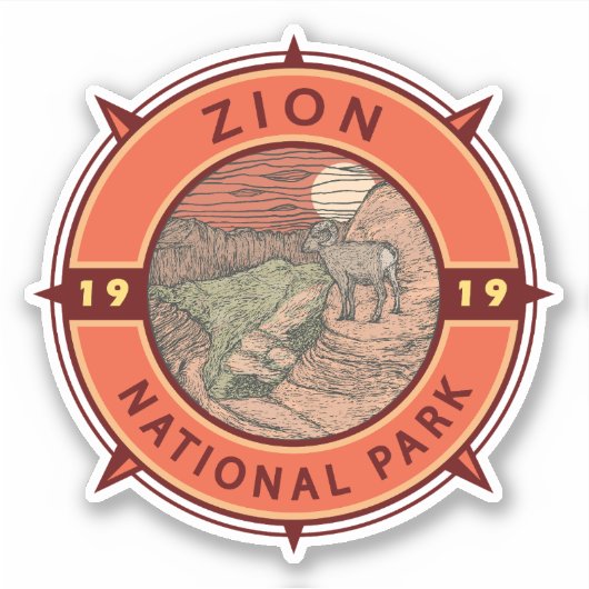 Sticker Zion National Park Bighorn Mouton Retro Compas (Devant)
