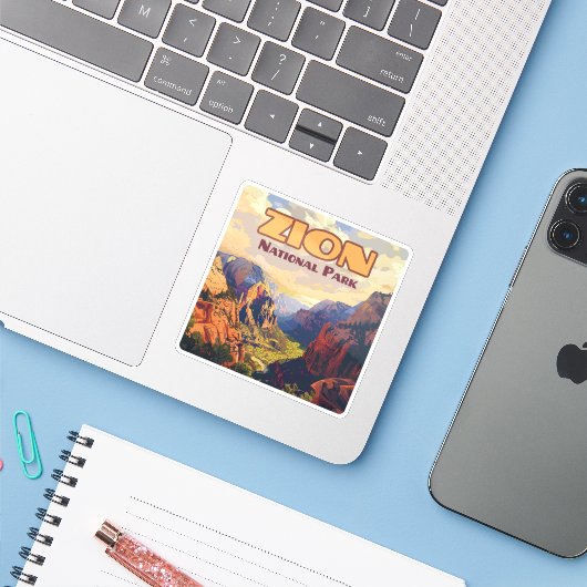 Sticker Zion National Park Utah Moab Canyon Retro (Ordinateur portable avec iPhone)