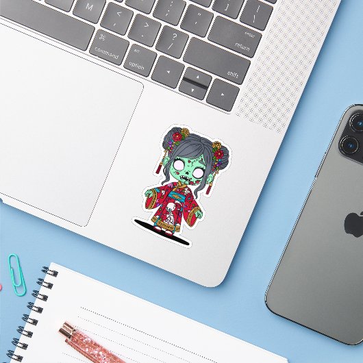 Sticker Zombie chinois mignon (Ordinateur portable avec iPhone)