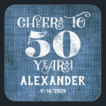 Stickers 50th Birthday Blue Linen Merci Favor<br><div class="desc">stickers 50e anniversaire de marque de faveur,  avec le charme burlap de lin bleu rustique avec des lettres de tableau noir en blanc et personnalisée avec le nom et la date ci-dessous.</div>