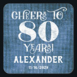 Stickers 80th Birthday Blue Linen Merci Favor<br><div class="desc">stickers 80e anniversaire de marque de faveur,  avec le charme burlap de lin bleu rustique avec des lettres de tableau noir en blanc et personnalisée avec le nom et la date ci-dessous.</div>