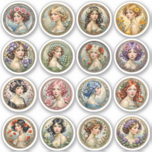Stickers Art Nouveau Vinyl Flower Girls Round