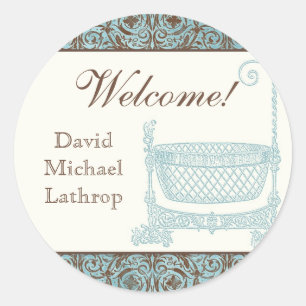 Stickers baby shower - Bleu Brown Damask Berceau