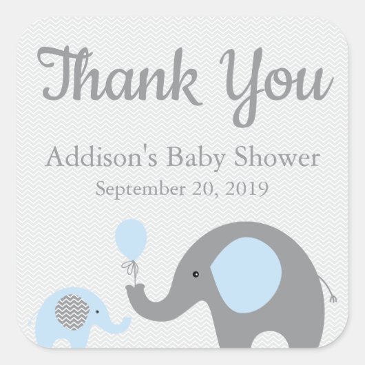 Stickers Baby shower Blue Elephant, Carré (Devant)