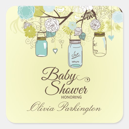 stickers baby shower floral chic bleu mason jar (Devant)