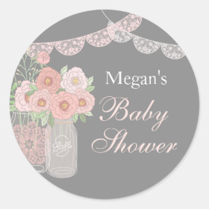 Stickers Baby shower Mason Jar rose gris doux