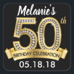 Stickers Black & Gold 50th Birthday<br><div class="desc">Stickers Black & Gold 50th Birthday avec ajout de diamants. Cet autocollant carré peut être utilisé pour les étiquettes de faveur d'anniversaire ou des autocollants sur les faveurs.</div>