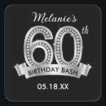 Stickers Black & Silver 60th Birthday<br><div class="desc">Stickers Black & Silver 60th Birthday avec ajout de diamants. Cet autocollant carré peut être utilisé pour les étiquettes de faveur d'anniversaire ou des autocollants sur les faveurs.</div>