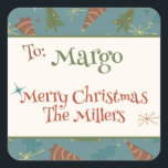 Stickers Cadeau Personnalisé Retro Christmas Tress<br><div class="desc">Il est temps d'être Joyeux ! Nous avons tous les articles en papier, les sacs cadeaux, le papier d'enveloppement et la décoration de vacances pour Noël tendance de cette année avec un peu de rétro Spin! Nous avons Astro Stars et Quirky Font sur tous nos restes de Noël, coureurs de...</div>