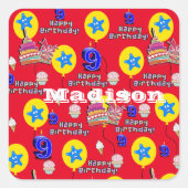 Stickers carrés, #9 Joyeux 9e Anniversaire Rouge (Devant)