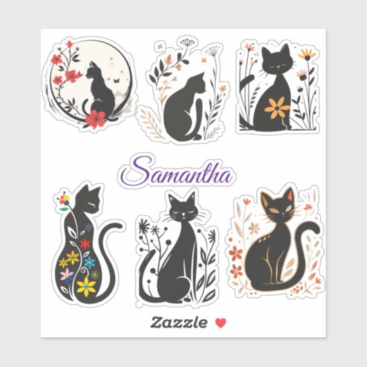Stickers Chat Noir élégant avec nom modifiable (Feuille)