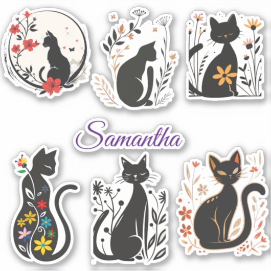 Stickers Chat Noir élégant avec nom modifiable (Devant)