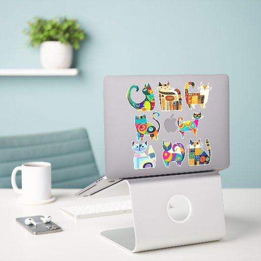 Stickers chats mignons (Ordinateur portable sur le bureau)