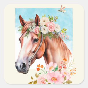 Stickers Cheval Aquarelle et Fleurs