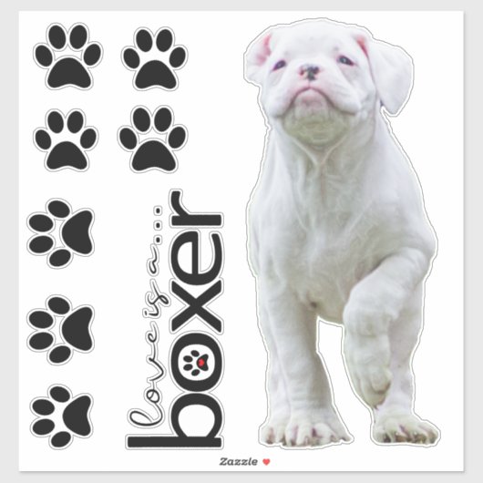 Stickers Chiot et Chien Paw Boxe Blanc (Feuille)