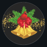 Stickers Christmas Bells<br><div class="desc">Cet autocollant rond de grande taille est montré avec une cloche en or de Noël festif et imprimé d'oiseau cardinal. Customisez cet objet ou achetez tel quel.</div>