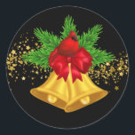 Stickers Christmas Bells<br><div class="desc">Cet autocollant rond de petite taille est montré avec une cloche en or de Noël festif et imprimé d'oiseau cardinal. Customisez cet objet ou achetez tel quel.</div>