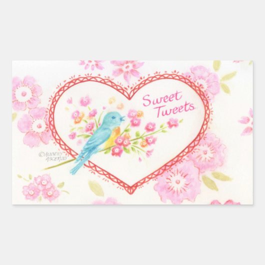 Stickers Coeur Doux Tweets Oiseau Bleu Floral (Devant)