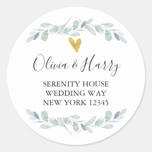 Stickers d'adresse de retour Gold Heart Eucalyptus (Devant)