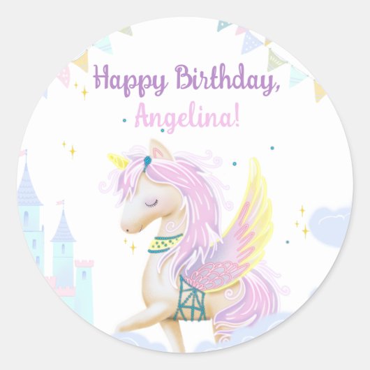 Stickers d'anniversaire avec une adorable licorne. (Devant)