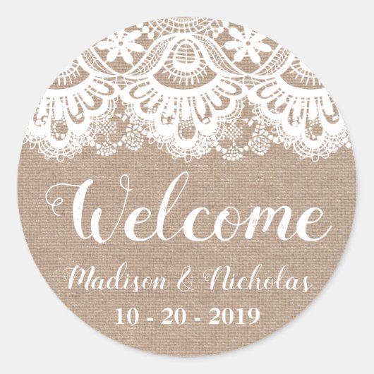Stickers de bienvenue Mariage Burlap et dentelle,  (Devant)