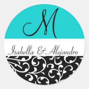Stickers de mariage Aqua Blue Swirl Damask Monogra