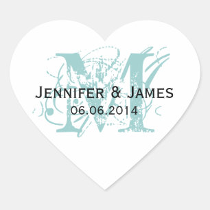 Stickers de mariage Monogramme bleu Forme cardiaqu